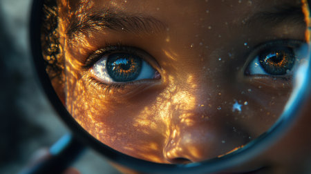 A mesmerizing close-up photo captures a child's eye reflected in a magnifying glass, highlighting intricate details and the enchanting play of natural light for an unforgettable image.の素材