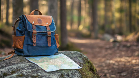 A rugged backpack sits on a rock beside a detailed map in a tranquil forest setting, inviting outdoor enthusiasts to embark on their next adventure.の素材