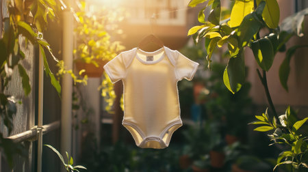 A cozy baby bodysuit gently hanging in sunlight amidst lush greenery, capturing the essence of childhood and the beauty of spring in a peaceful garden setting.の素材