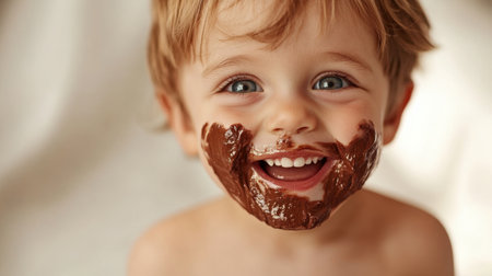 A cheerful toddler with chocolate smeared on his face smiles brightly, embodying the joy of childhood and the playful moments associated with sweet treats and laughter.の素材