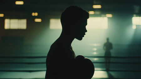 A striking silhouette of a young boxer in a gym holding his gloves, illuminated by dramatic lighting that enhances the mood of training and determination in sports photography.の素材