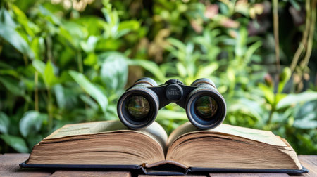A captivating image featuring binoculars placed on an open book, set against a backdrop of vibrant green foliage, symbolizing exploration and endless possibilities in nature.の素材