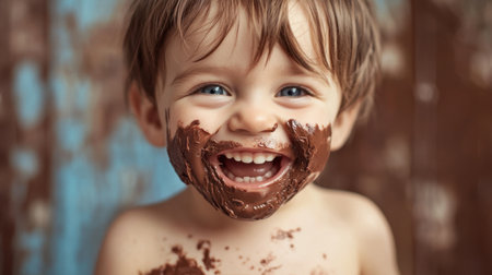 A cheerful child with chocolate smeared across his face shares a smiling moment, embodying pure joy and innocence while enjoying a delicious treat.の素材