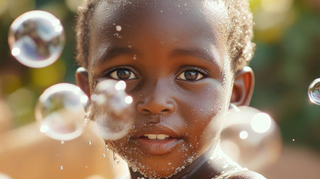 A cheerful child smiles amidst floating bubbles, radiating joy and innocence in a natural outdoor setting. Perfect for themes of childhood and playful moments.の素材