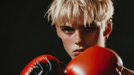 A striking portrait of a young male boxer with blonde hair, wearing red boxing gloves and displaying fierce determination in a dramatic, low-light training space.の素材