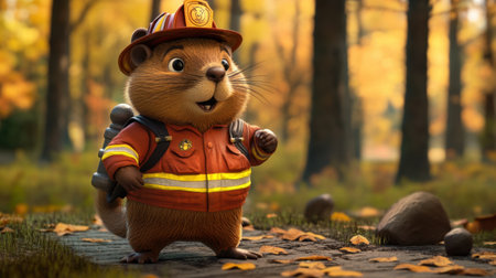 Whimsical beaver dressed as a firefighter stands in a picturesque autumn forest, exuding charm and readiness to protect nature with a cheerful smile and vibrant attire.の素材