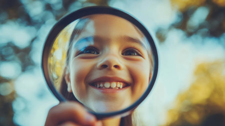 A joyful child smiles brightly while holding a magnifying glass, surrounded by nature, exuding curiosity and wonder in a vibrant outdoor environment.の素材
