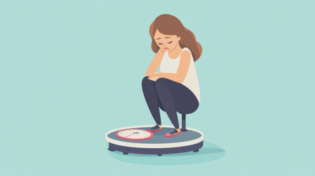 This illustration depicts a young woman sitting on a scale, expressing disappointment, representing the emotional struggles tied to body image and self-esteem in today's society.の素材