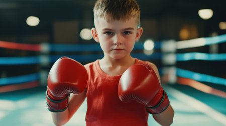 A focused young boy stands confidently in a boxing ring, wearing bright red gloves. His expression reflects determination and readiness for competition, embodying the spirit of youth sports.の素材