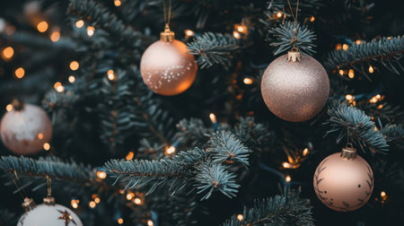 Close-up view of beautiful Christmas ornaments on a pine tree, featuring shimmering surfaces and warm lights, capturing the essence of holiday joy and celebration.の素材