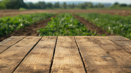 Beautiful rustic wood tabletop in the foreground with a breathtaking view of lush green fields and crops under a clear blue sky, ideal for agricultural themes.の素材