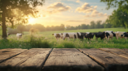 A captivating scene of a sunset over a pasture with grazing cows, featuring a rustic wooden plank in the foreground that enhances the tranquil rural atmosphere.の素材