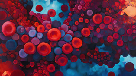 Vivid abstract artwork showcasing colorful circles in red and blue, creating a fluid, dynamic feel. Ideal for diverse creative projects and modern design applications.の素材