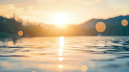 A breathtaking view of a serene sunrise over calm waters, showcasing gentle ripples and a soft bokeh effect that creates a peaceful atmosphere in nature.の素材