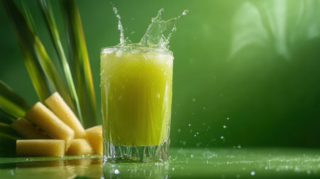 Splash of fresh sugarcane juice in a clear glass, set against a vibrant green background. Refreshing and natural.の素材