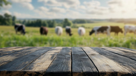 A rustic wooden table showcases a beautiful pastoral scene of grazing cows in a verdant field, accentuated by a bright sky and fluffy clouds, perfect for a nature-themed project.の素材