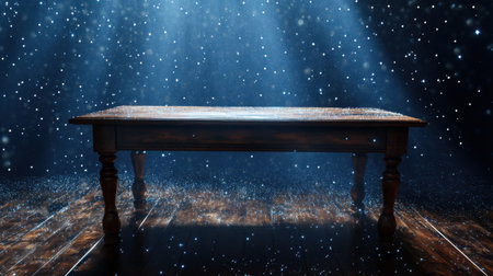 A beautifully crafted wooden table illuminated by soft rays of light, surrounded by a serene atmosphere with falling particles, perfect for evoking a magical and tranquil moment.の素材