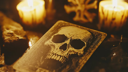 A dark and moody tableau showcasing an intricately designed tarot card featuring a skull, illuminated by flickering candlelight, perfect for mystical themes.の素材
