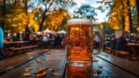 A beautiful glass of beer sits on a wooden table, surrounded by vibrant autumn scenery and a lively festival atmosphere, capturing moments of joy and friendship.の素材