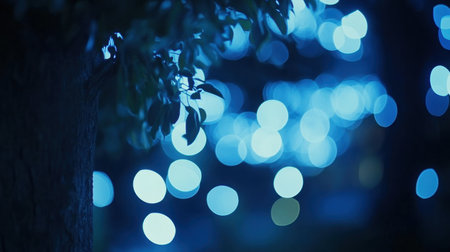 This image features a serene night scene with soft blue bokeh lights glimmering through tree foliage, creating a tranquil atmosphere perfect for relaxation and artistic expression.の素材