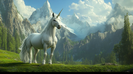A stunning white unicorn stands majestically in a vibrant green valley, framed by towering snow-capped mountains and a bright blue sky, capturing the essence of fantasy and tranquility.の素材