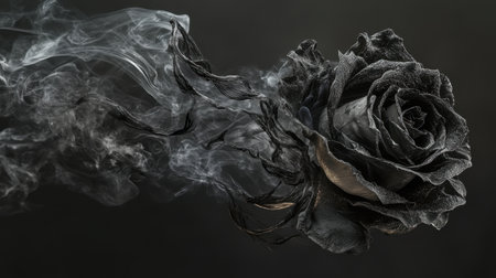 A captivating image of a black rose enveloped in ethereal smoke, creating a haunting yet beautiful visual that evokes deep emotions and artistic inspiration.の素材