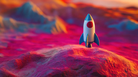 A vibrant miniature rocket stands out against a colorful alien terrain, symbolizing imagination and exploration in a dreamlike, surreal environment filled with bright details.の素材