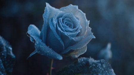 A captivating blue rose adorned with dew drops glistens in soft light, creating a tranquil and enchanting atmosphere perfect for nature and floral photography enthusiasts.の素材