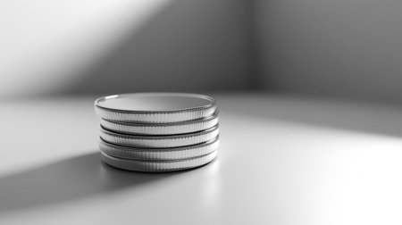 A captivating arrangement of stacked silver coins, set against a softly lit minimalistic background, showcasing their reflective texture and elegant design, ideal for finance and investment themes.の素材