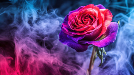 A breathtaking close-up of a rose featuring vibrant pink and purple hues, embracing the beauty of nature in a swirl of colorful smoke, perfect for artistic projects.の素材
