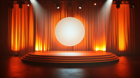 A beautifully designed stage featuring an orange backdrop and a large illuminated circle, ideal for showcasing performances and presentations in a stunning setting.の素材