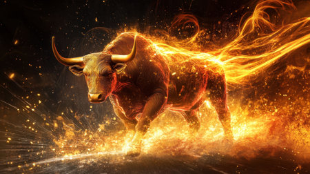 A striking image of a bull charging amidst flames, symbolizing strength and energy in motion. This dramatic scene captures the essence of power and vitality in a captivating visual.の素材
