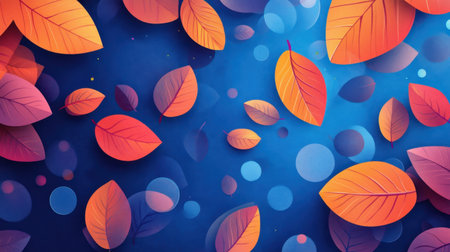 A mesmerizing display of colorful leaves in shades of orange and red, floating on a serene blue background with a gentle bokeh effect, perfect for seasonal themes.の素材