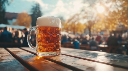 A vibrant glass mug filled with cold amber beer rests on a wooden table, illuminated by sunlight at an outdoor festival, evoking a festive and social atmosphere.の素材