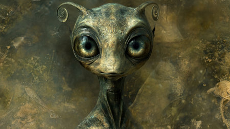 Unveil the mystery with this captivating alien figure, showcasing expressive eyes and unique features against an abstract backdrop, sparking imagination and creativity.の素材