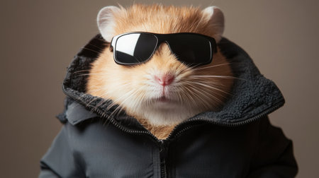 This playful image features a hamster stylishly dressed in sunglasses and a jacket, showcasing its quirky personality. Perfect for pet lovers and fun animal photography.の素材