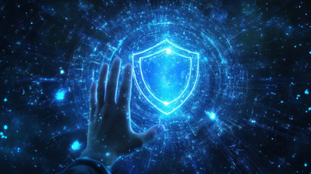 A hand reaches towards a glowing digital shield, symbolizing cybersecurity and data protection in a futuristic, high-tech landscape filled with vibrant blue lights.の素材