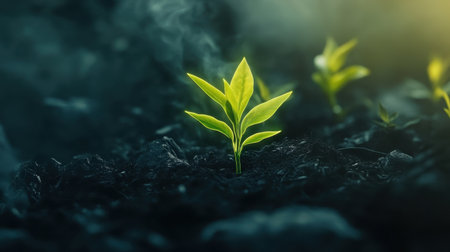 A vibrant green seedling emerges from dark soil, illuminated by gentle light, representing hope, growth, and the promise of new beginnings in a natural setting.の素材