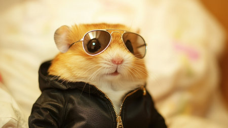 This cute hamster wearing stylish sunglasses and a leather jacket radiates charm and humor, perfect for capturing the playful spirit of pet companionship in a cozy setting.の素材