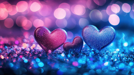 A beautiful arrangement of glittering hearts in varying sizes against a colorful bokeh background, evoking feelings of love, joy, and celebration in a whimsical setting.の素材