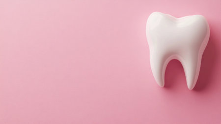 A striking white tooth model positioned on a soft pink background, perfect for promoting dental hygiene, oral care tips, and modern dentistry aesthetics.の素材