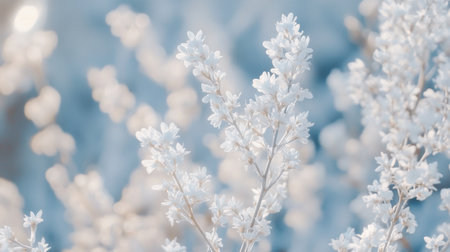 A close-up view of delicate white flowers set against a soft blue background, creating a serene and tranquil atmosphere perfect for nature lovers and artists seeking inspiration.の素材