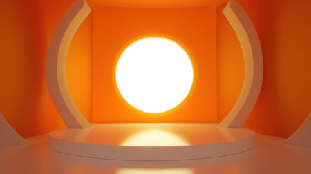 A minimalist studio space featuring vibrant orange walls and a large circular sunlight, creating an airy and inspiring atmosphere for various creative projects and photography.の素材