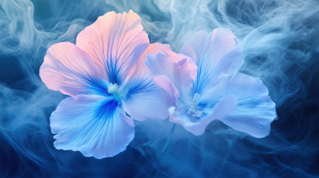 This stunning image features delicate flowers enveloped in soft mist, showcasing their vibrant pink and blue hues. Ideal for conveying tranquility and beauty in designs.の素材