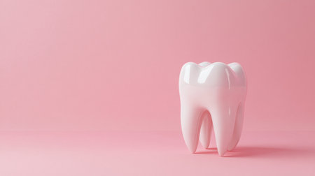 A charming white tooth model stands out against a soft pink backdrop, ideal for dental education and promoting oral hygiene. Perfect for creative health campaigns.の素材