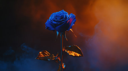 This captivating image showcases a stunning blue rose with golden leaves, set against a dramatic backdrop that blends warm orange and cool blue tones, highlighting nature's beauty.の素材