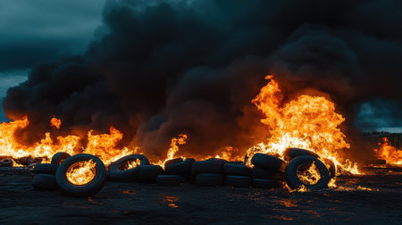 A dramatic scene depicting burning tires engulfed in flames, surrounded by thick black smoke. This powerful image reflects environmental challenges and the impact of waste on nature.の素材