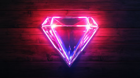 A mesmerizing neon diamond symbol radiates charm and elegance against a dark wooden backdrop, making it an ideal visual for luxury and celebration themes in various creative projects.の素材