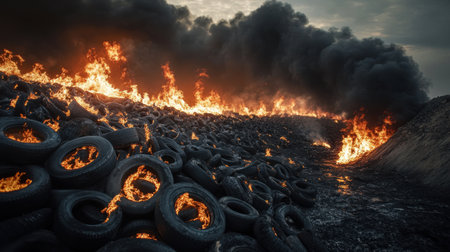 A dramatic scene of burning tires creating thick black smoke and bright flames, showcasing the environmental hazards and impacts of tire fires on our planet.の素材