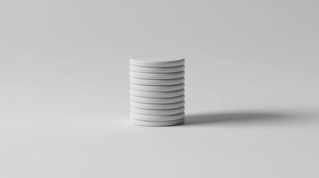 This image features a stack of white discs arranged neatly on a light background, embodying minimalist design principles suitable for modern artwork or promotional uses.の素材